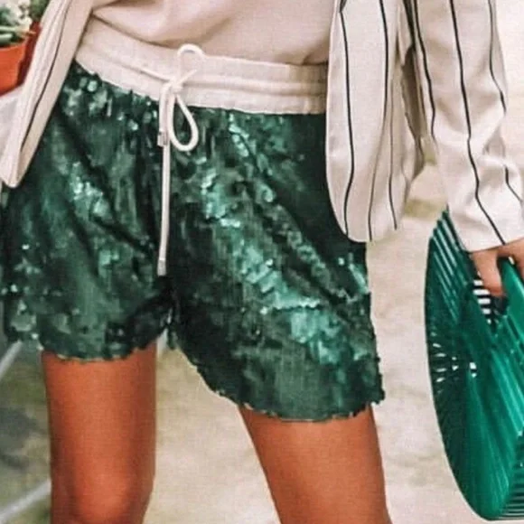 Zara Matte Green Sequin Shorts Small - Picture 3 of 10